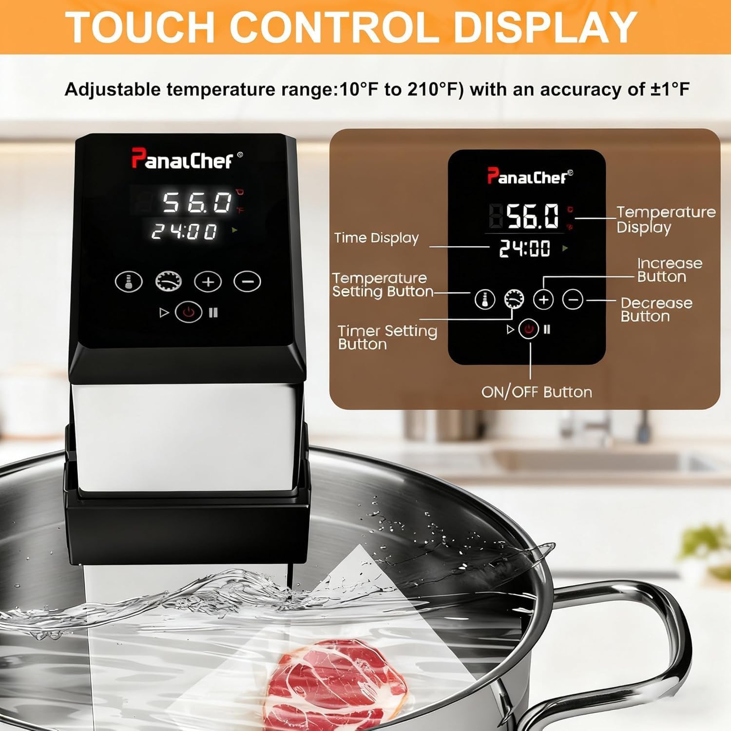 Sous Vide Machine 1600W, IPX7 Waterproof Immersion Circulator, LCD Touchscreen, Ultra-Quiet 15 dB, Stainless Steel, Precise Temperature Control for Perfect Low-Temp Cooking