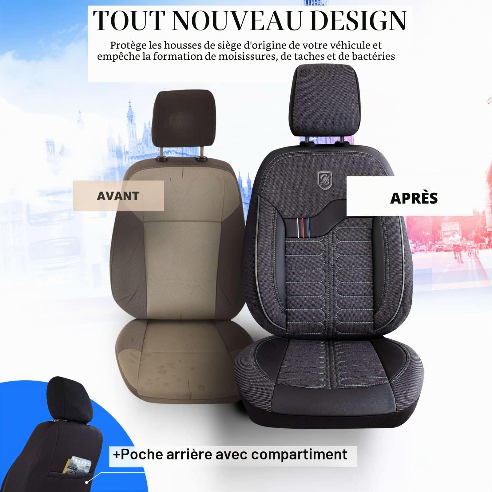 Housses de sièges auto universelles – Premium accessoires auto intérieur pour voitures et SUV – Housse de siège en jacquard, protection pour auto, compatible airbag, Noir-Gris, Ensemble