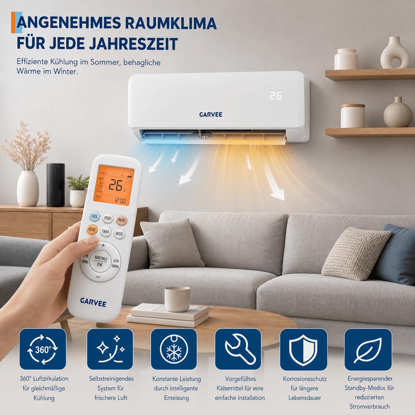 24000 BTU Split Inverter Anlage 7,2 kW Kühlen & Heizen | A++ Effizienz, R32, WiFi App Steuerung, leise | Bis 110 qm Nutzfläche, mit sämtlichem Montagezubehör