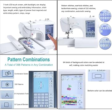 Computer Embroidery Sewing Machine, Electric Embroidery Sewing Machine with 7 LCD Touch Screen, 132 Different Stitches, 398 Pattern Combinations