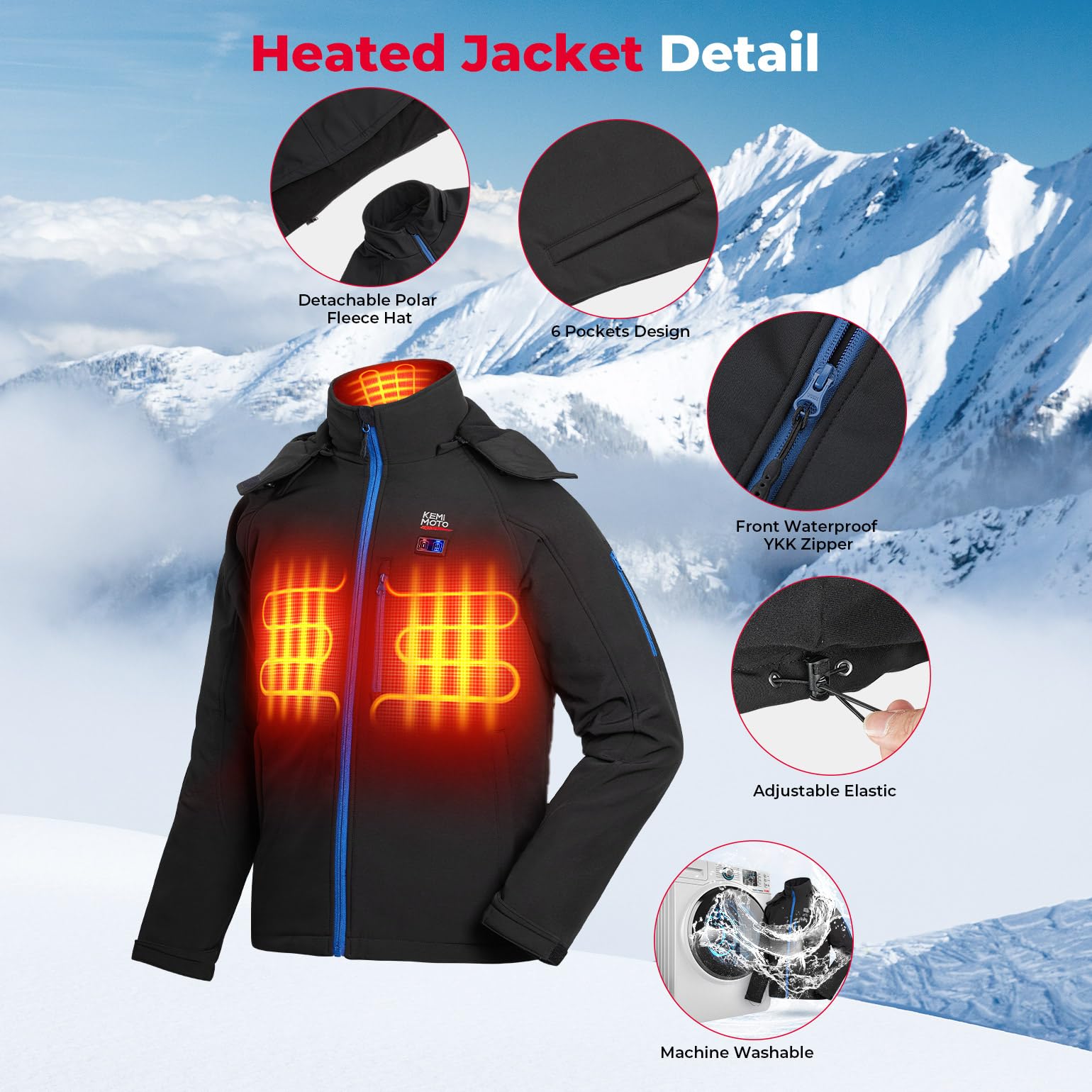 KEMIMOTO Chaqueta calefactable para hombre con 4 zonas de calentamiento, chaleco térmico con batería externa de 9600 mAh, 3 niveles de calor ajustables, chaleco térmico eléctrico con USB, para esquí,
