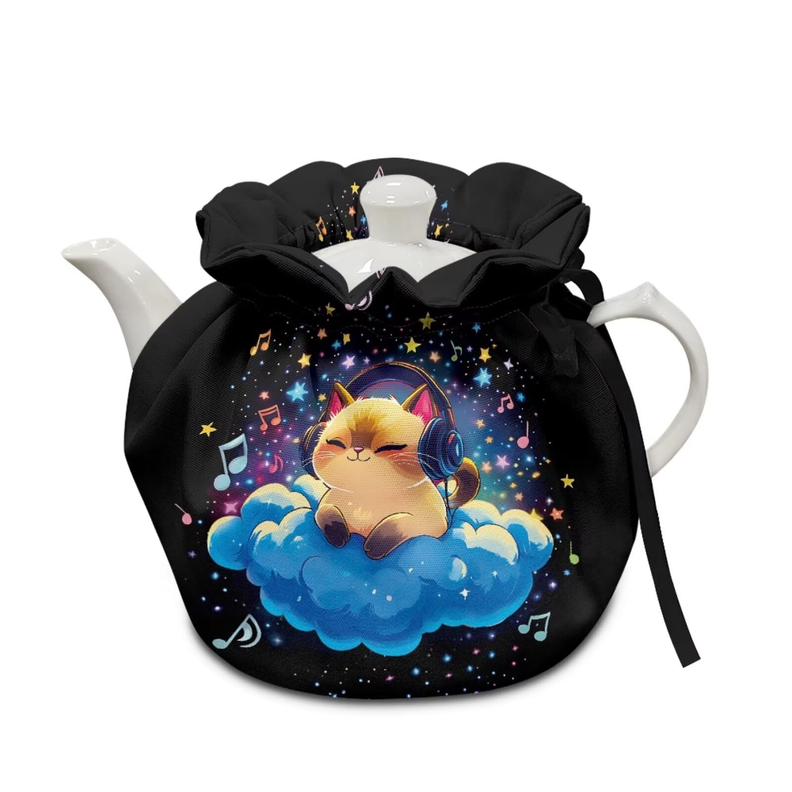 Xoenoiee Cat Starry Cloud Music Notes Pattern Tea Pot Cover Tea Cozy Insulation Teapot Cosy Tea Pot Warmer Cover for Home Kitchen Table Teapot Kettle Cover Keep Warm