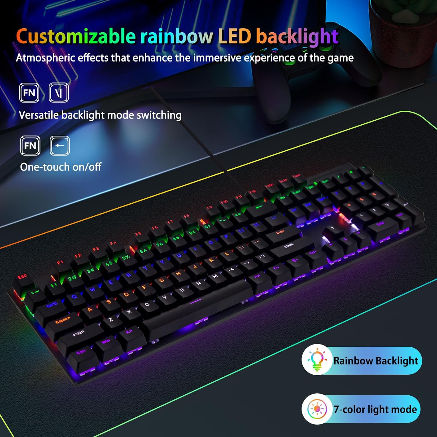 Yon detaye view of the HUO JI mechanical gaming keyboard's red switches, showing the internal mechanism with a spring and the keycap removed. Text indicates 'Quiet touch & light keystroke feel', 'Actuating force: 45gf ± 10gf', and 'Key travel: 2.0mm ± 0.6mm'.