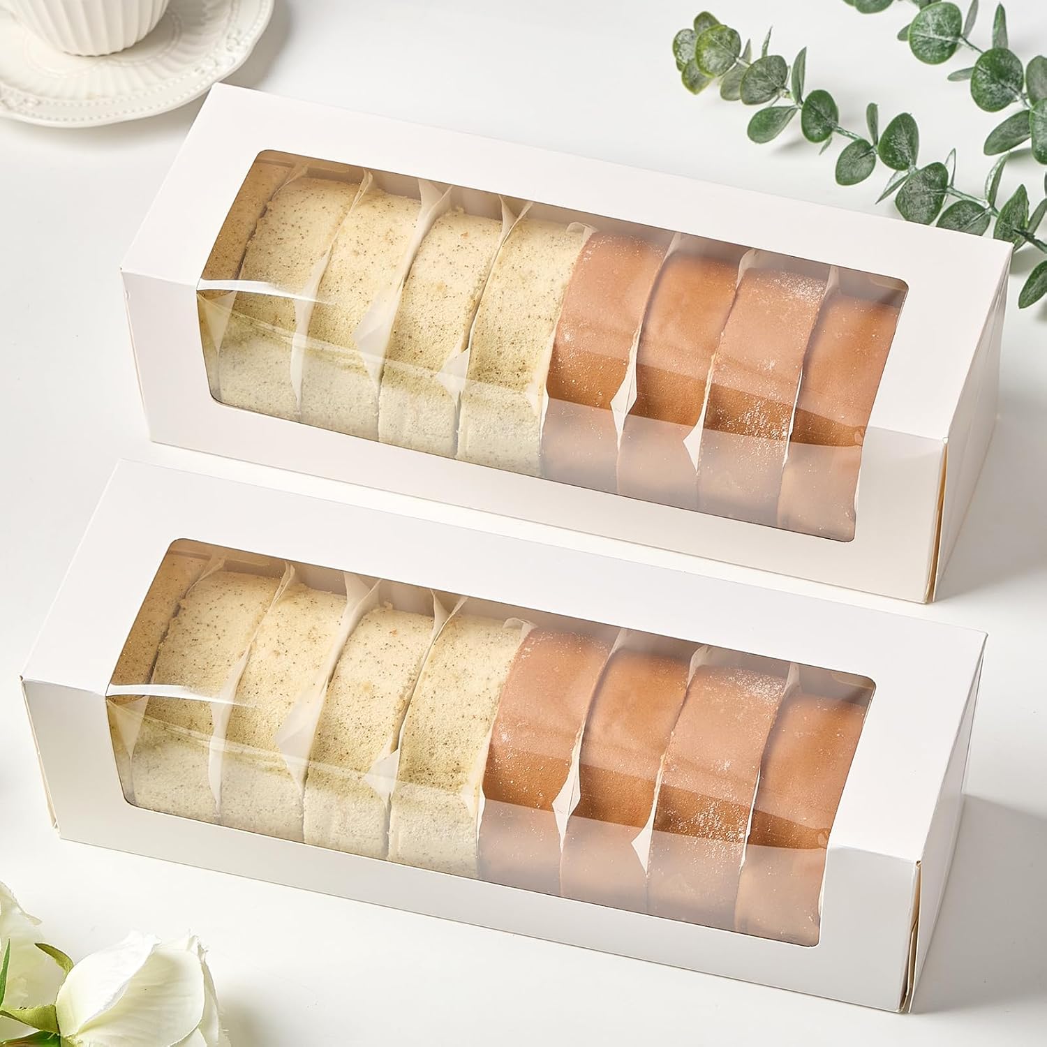 12" Roll Cake Boxes, White Bakery Boxes with Windows, Auto-up