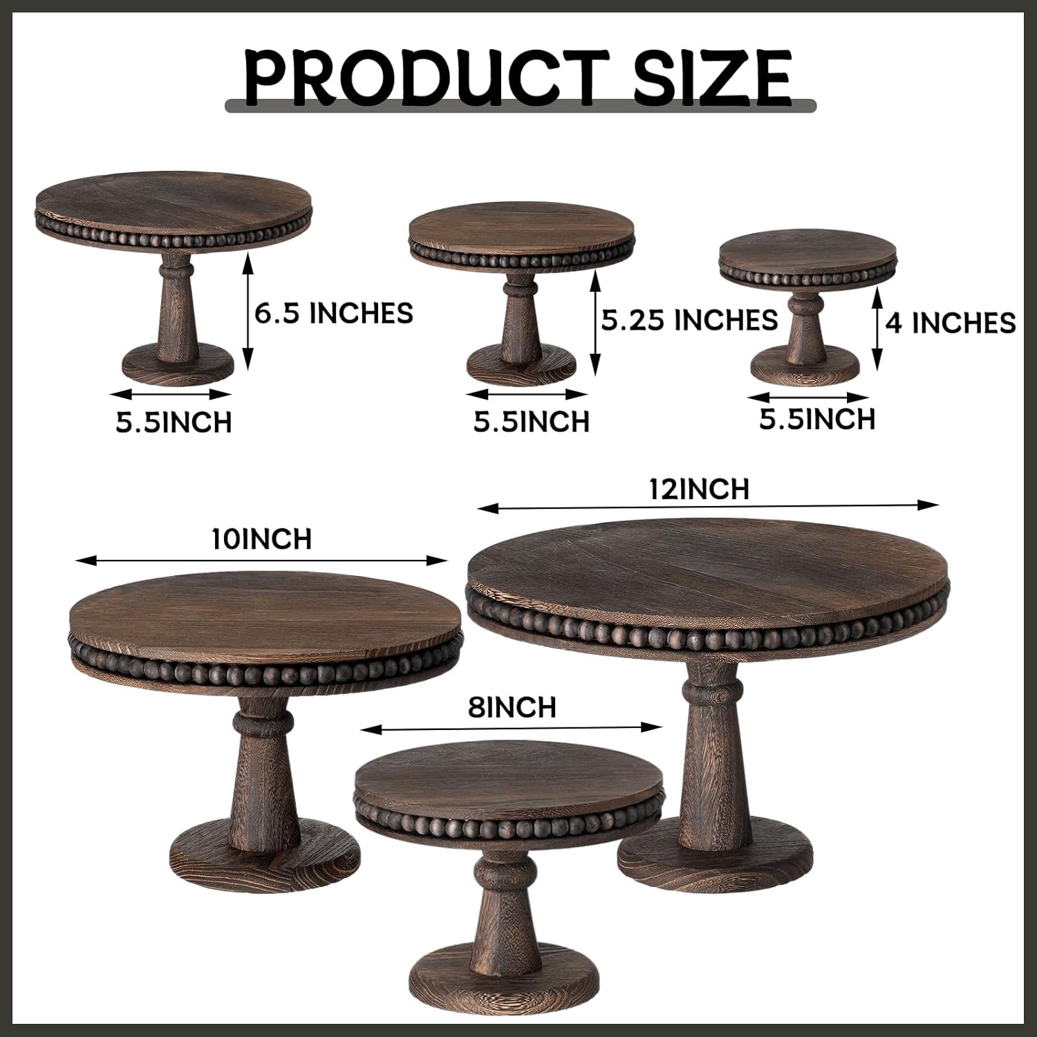 3 Pcs Round Wood Cake Stand Set Beaded Wooden Rustic Farmhouse Cupcake Pedestal Stand 8/10/12 Inch Dessert Display Serving Tray for Wedding Birthday Decoration Party Restaurants