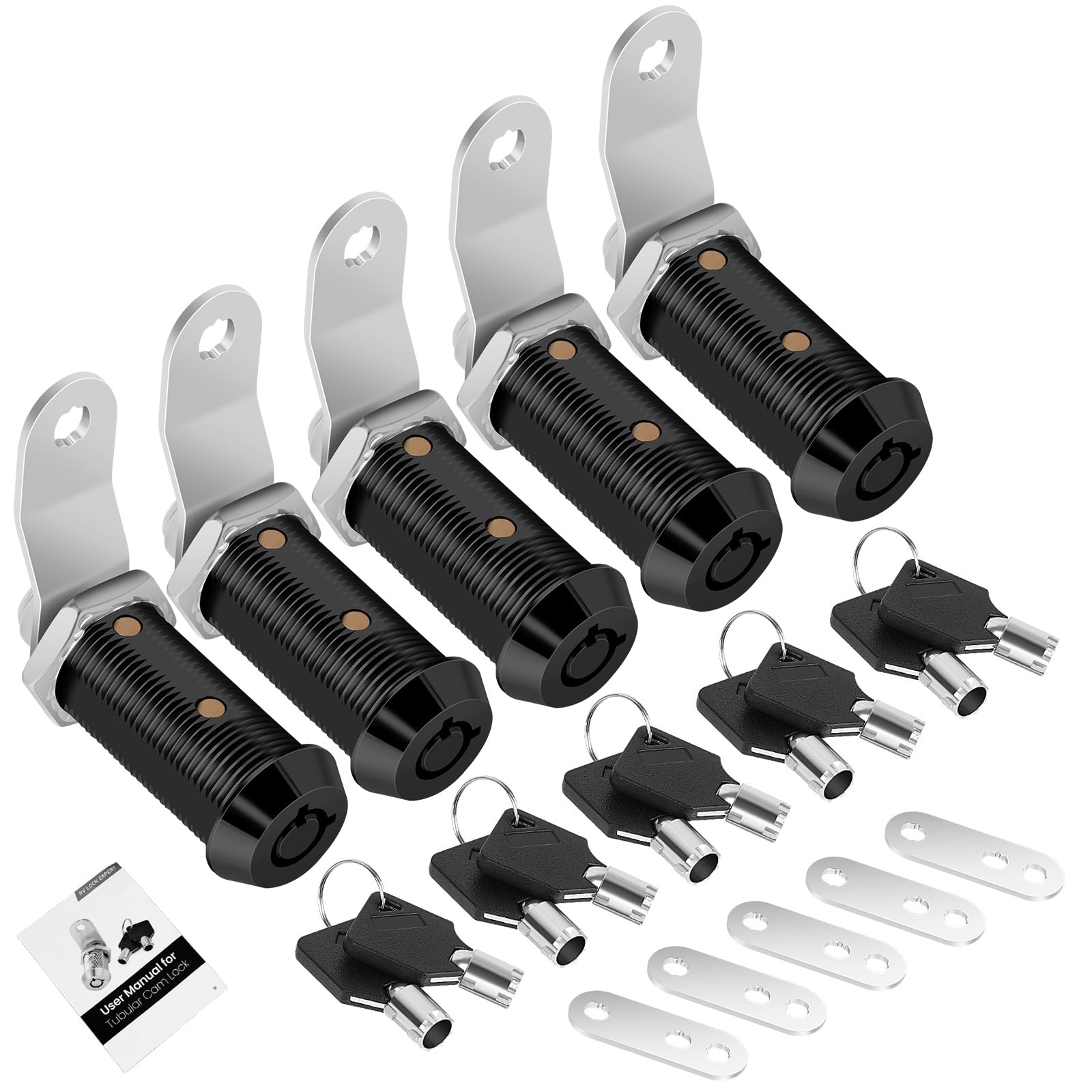 Cylinnda 5 Pack Black Cabinet Lock with Keys, 1-1/2" RV Storage Locks Keyed Alike, RV Locks for Storage Door, Camper Toolbox RV Cam Locks with Manual (Black -5 Pack, 1-1/2 Inch)