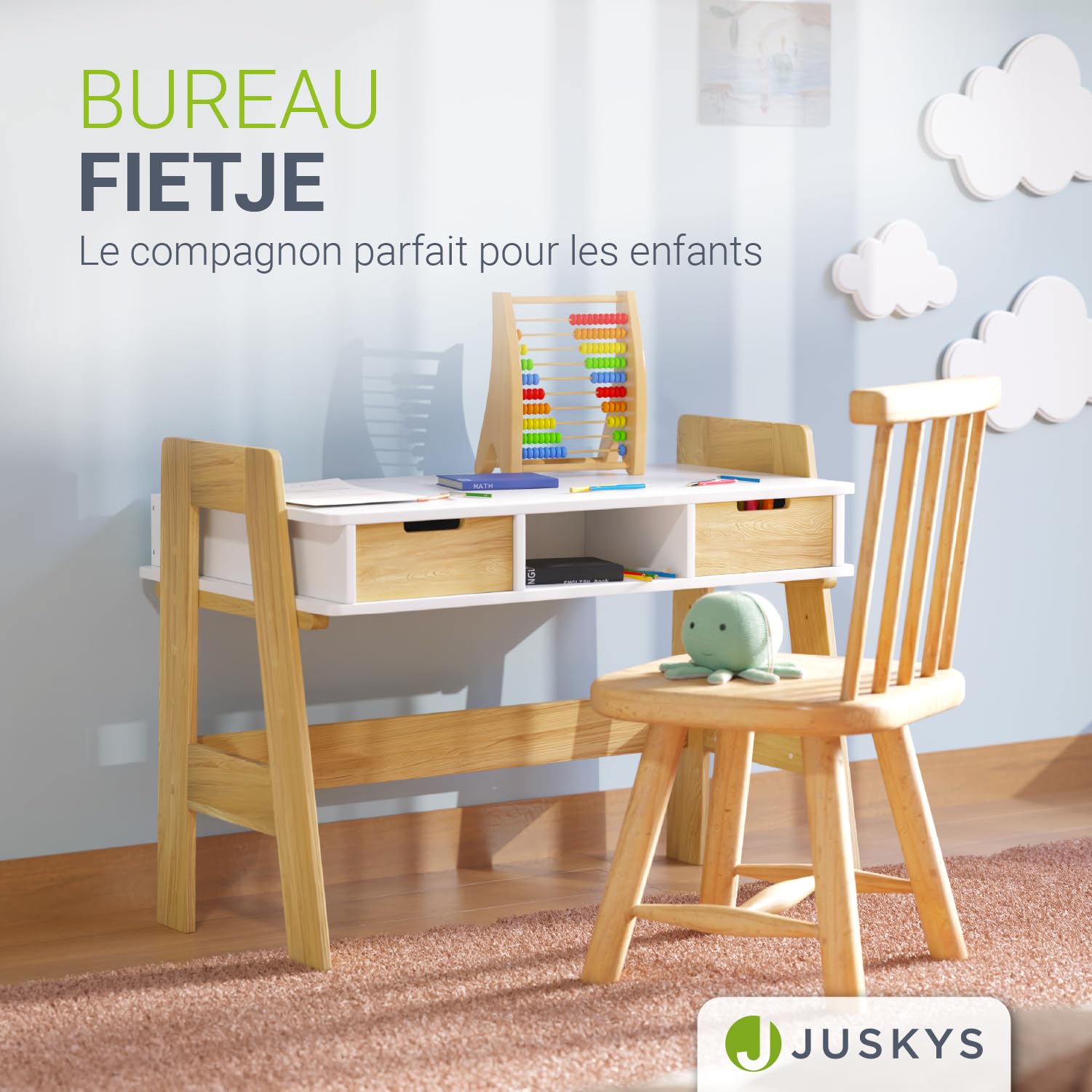 Juskys Bureau Enfant Fietje Bureau Réglable en Hauteur 2 Tiroirs Matériau Robuste Antirayures Grand Espace de Rangement