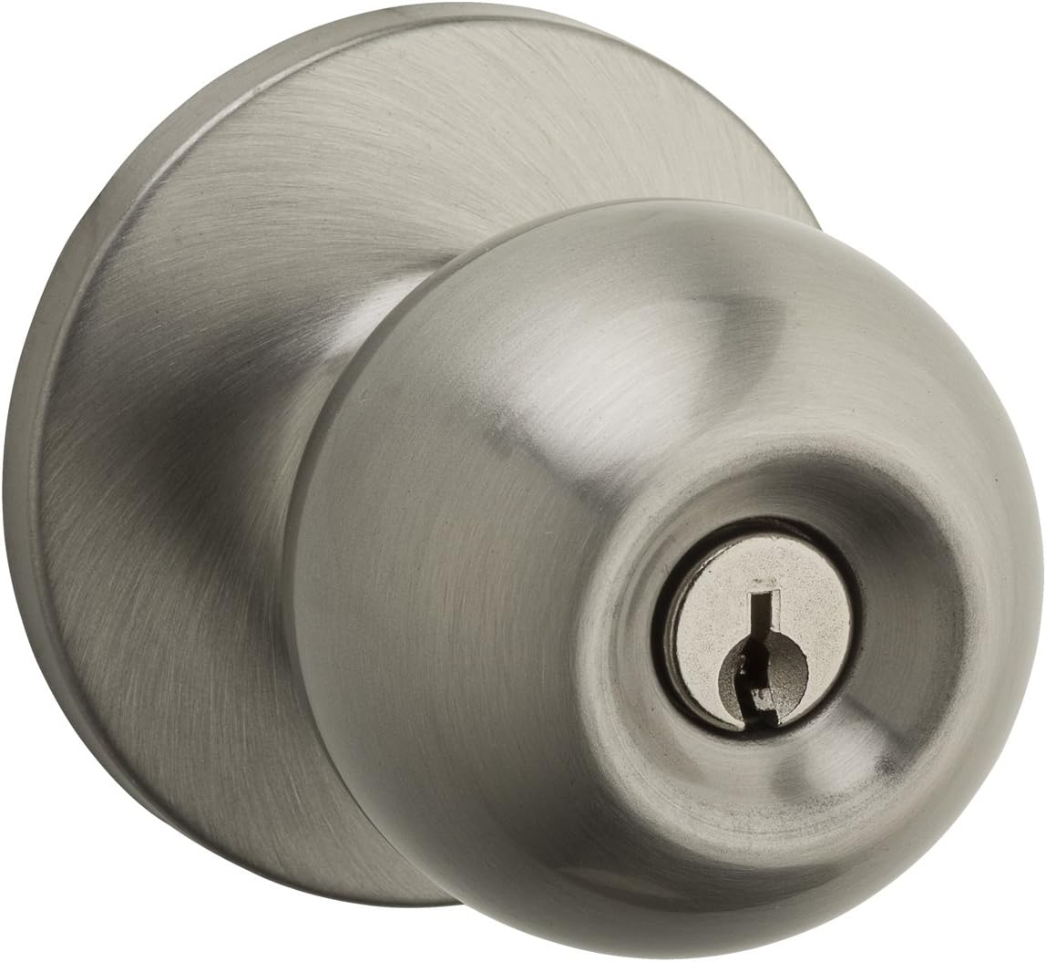 Weiser Regina Satin Nickel Front Door Knob with Lock and Key, Exterior