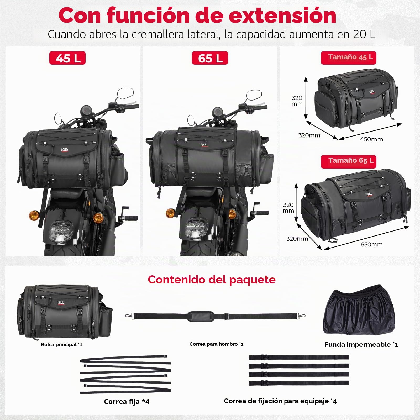 KEMIMOTO Trasera Alforjas Motocicleta Impermeable de 45 a 65L, Sillín Expandible y Bolsas Portaequipajes con Funda para Lluvia, Gran Capacidad Compatible con Universales Moto