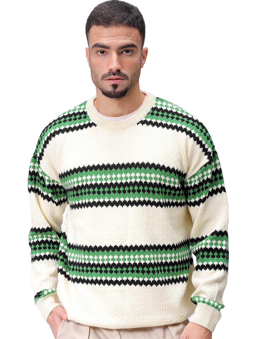 the indian garage co Men Oversized Horizontal Stripes Crew Neck Sweater-picture-31