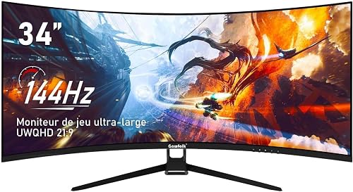 Gawfolk 34 Pouces PC Écran Ultra Large 1500R incurvé 144Hz Gaming Computer Moniteur,21:9 UWQHD(3440x1440),Adaptive Sync,HDR,178 ° Angle Vue,DisplayPort、HDMI,VESA 75 * 75MM -Noir - 2