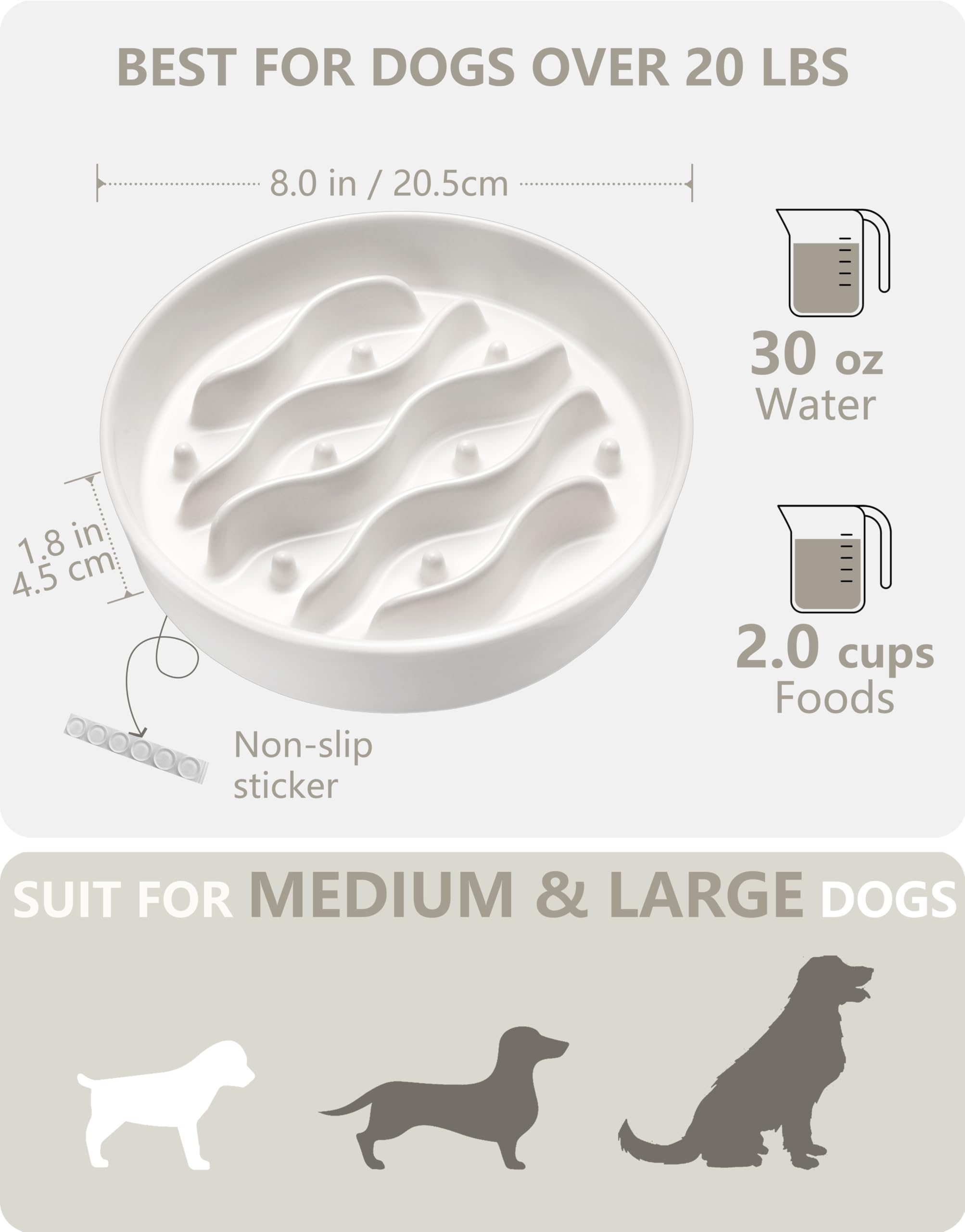 Ciotole Anti-Ingozzamento per Cani di Taglia Media e Grande, Ciotole Anti Ingozzamento per Cani Ceramica, 1000ml, Ø 21cm, Bianco
