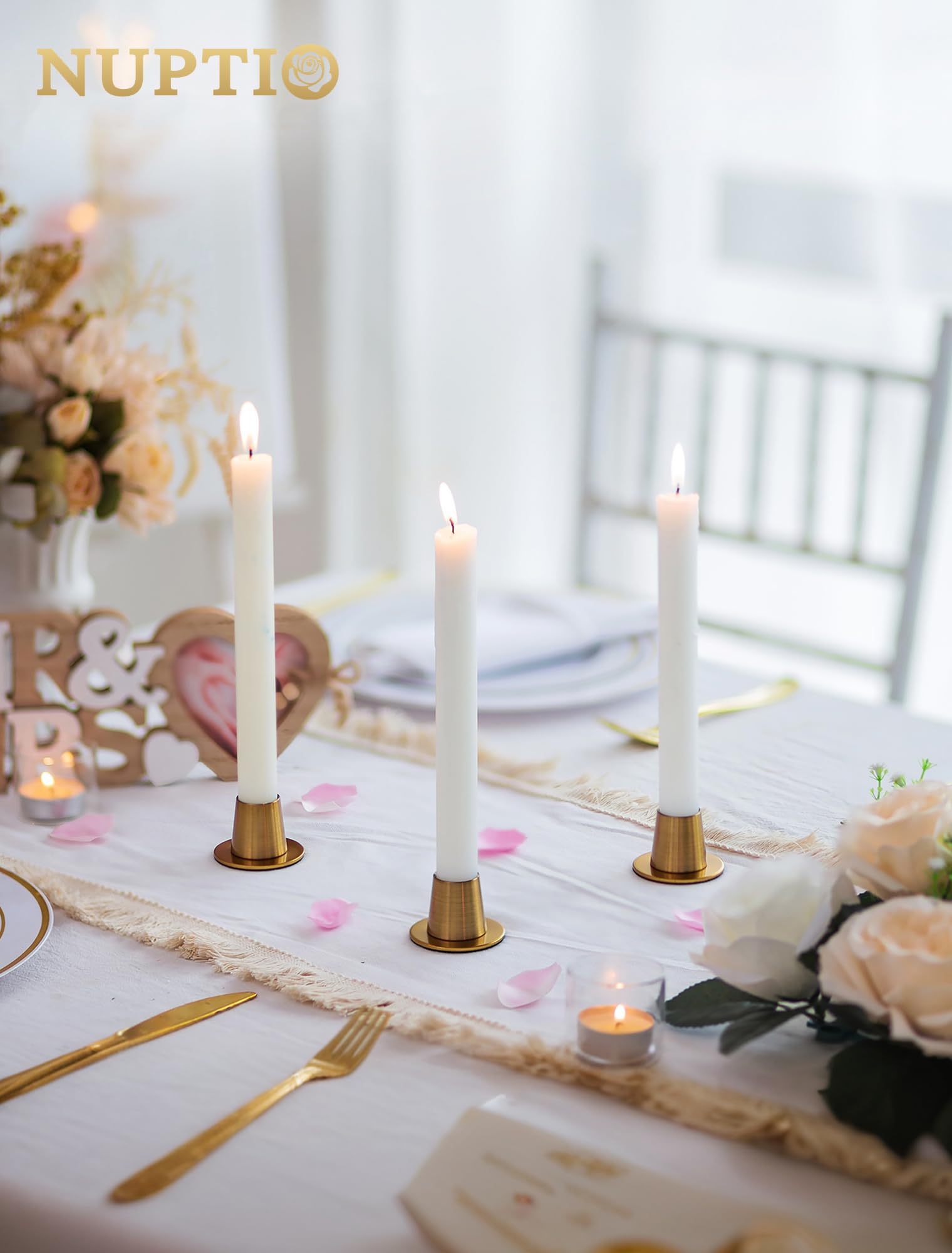 NUPTIO Portacandele a Bastoncino 4 Pezzi - Portacandele Oro per Candele Taper Metallo Portacandele Conico Cena Centrotavola Decorazione Camino Natale Matrimonio Festa