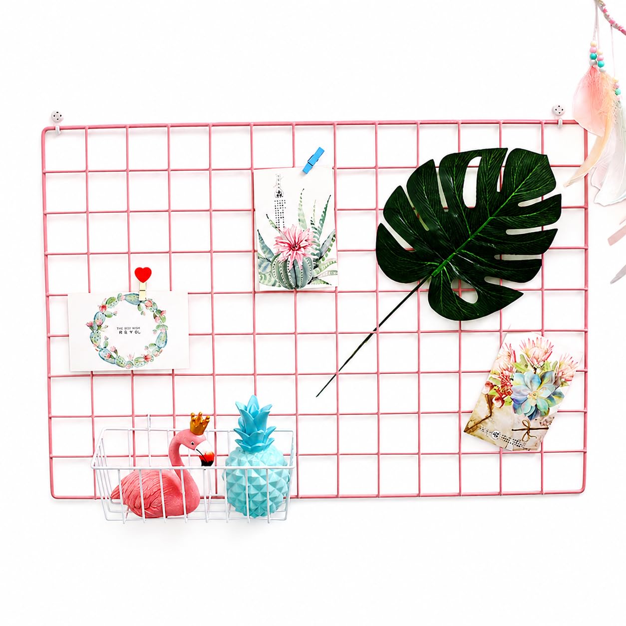 franklite Steel Grid Photo Frame for Wall Clip Holder Photo Frame,Multi Functional Creative Mesh Wall GridIron hanging frame for home Decoration,wall,collage photo, key,1pcs Frame (30&30cm Pink)-picture-1