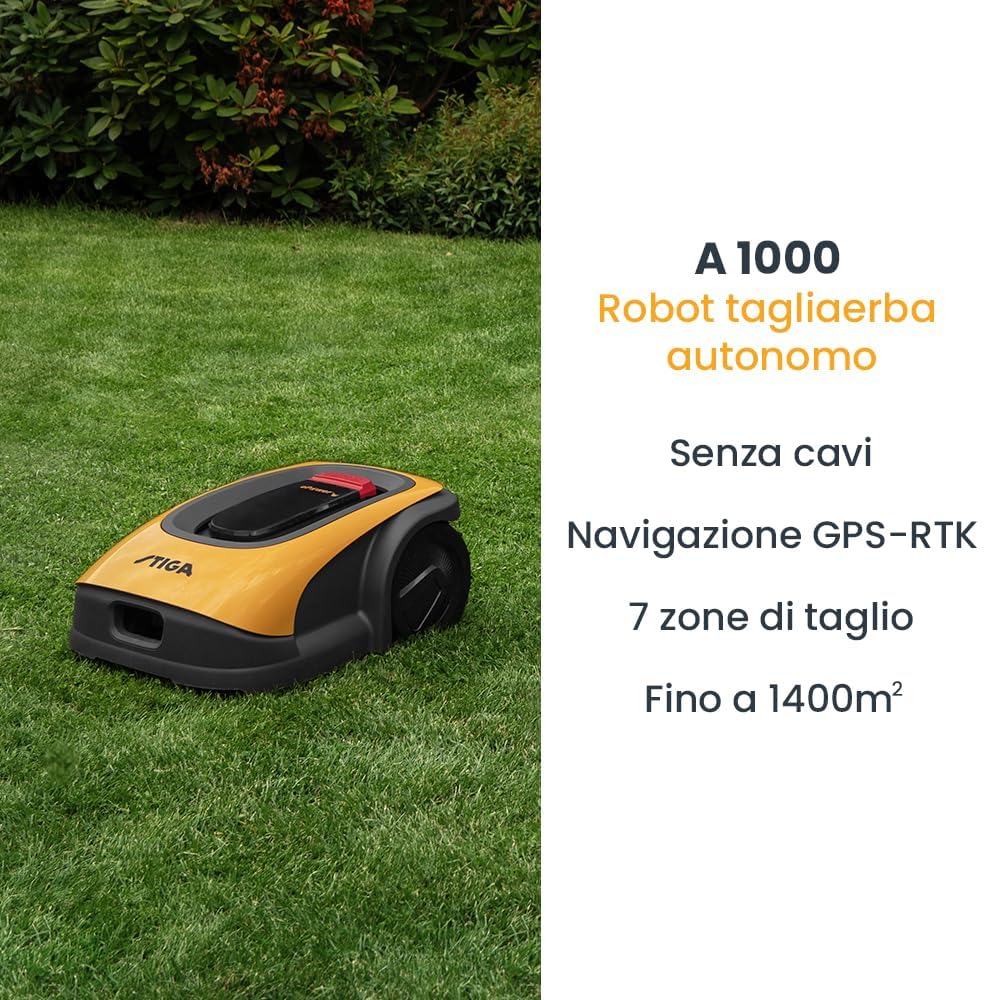 STIGA A 1000 Robot Tosaerba Autonomo, 25,2 V, 180 mm – Navigazione RTK AGS, Senza Filo Perimetrale – Prati fino a 1.400 m²
