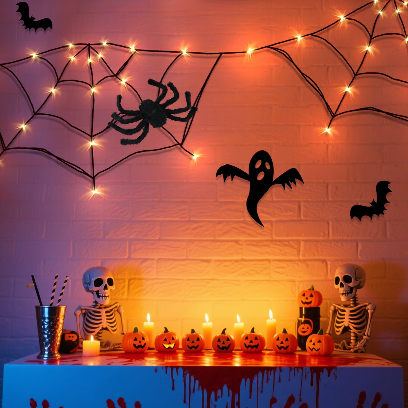 Jsdoin Orange Halloween Decoration Lights, Spider Web Lights With Plush Spider, 8 Mode With Timer String Lights, Fairy Lights For Halloween Party, Home Decor, Battery Powered(Orange)