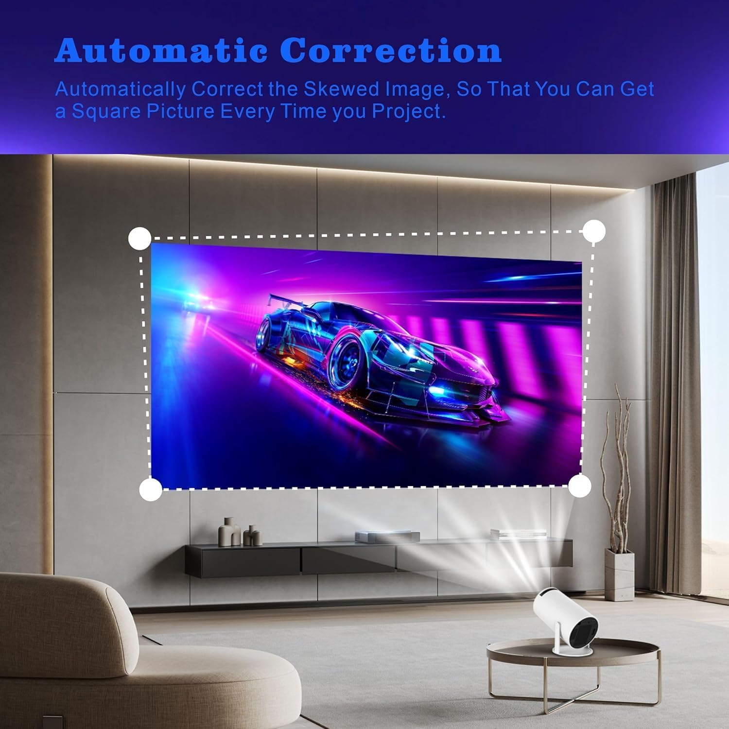 Projector displaying a car image on a wall, with dashed lines indicating automatic keystone correction adjusting the image to a perfect rectangle.