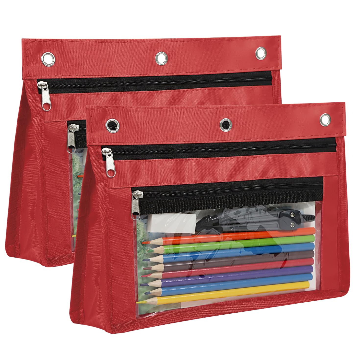 YoeeJob Estuche expandible de 1 pulgada para carpeta de 3 anillos, paquete de 2 bolsas de lápices de gran capacidad con cremallera, estuche transparente de tres anillos, adecuado para la escuela y la