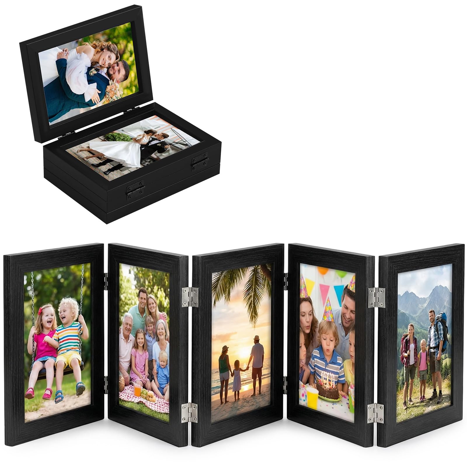 4x6 Photo Frame Hinged Folding Wood Picture Frame with High Definition Glass Front Multiple Pictures 5 Opening Photo Frame for Desktop Stand on Desktop Birthday Gifts for Family Friends Lovers-Black