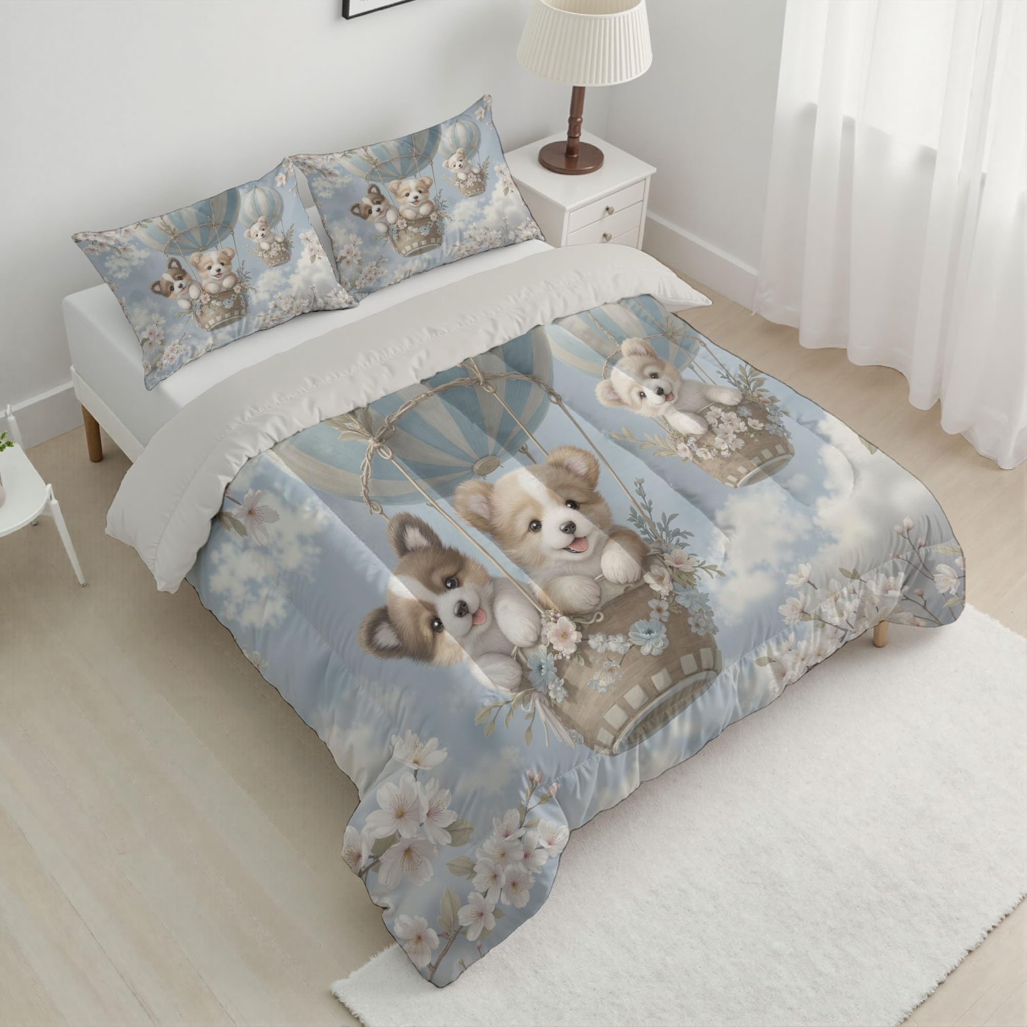 Trapunta Letto Singolo 4 Stagioni Piumone per Bambini, Mongolfiera Cane Leggero Fiori Carini Animali Set di Biancheria da Letto 140x200cm con 1 Federe,Piumino Lavabile In Lavatrice