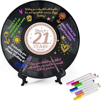 QUPT Happy 21st Birthday Gifts, 21st Birthday Vinyl Record Guest Book for Girls Women, Cheers to 21 Years Old Gifts, 2004 Birthday Gifts for Her, 2004 Birthday Signing Vinyl Record Party Decorations
