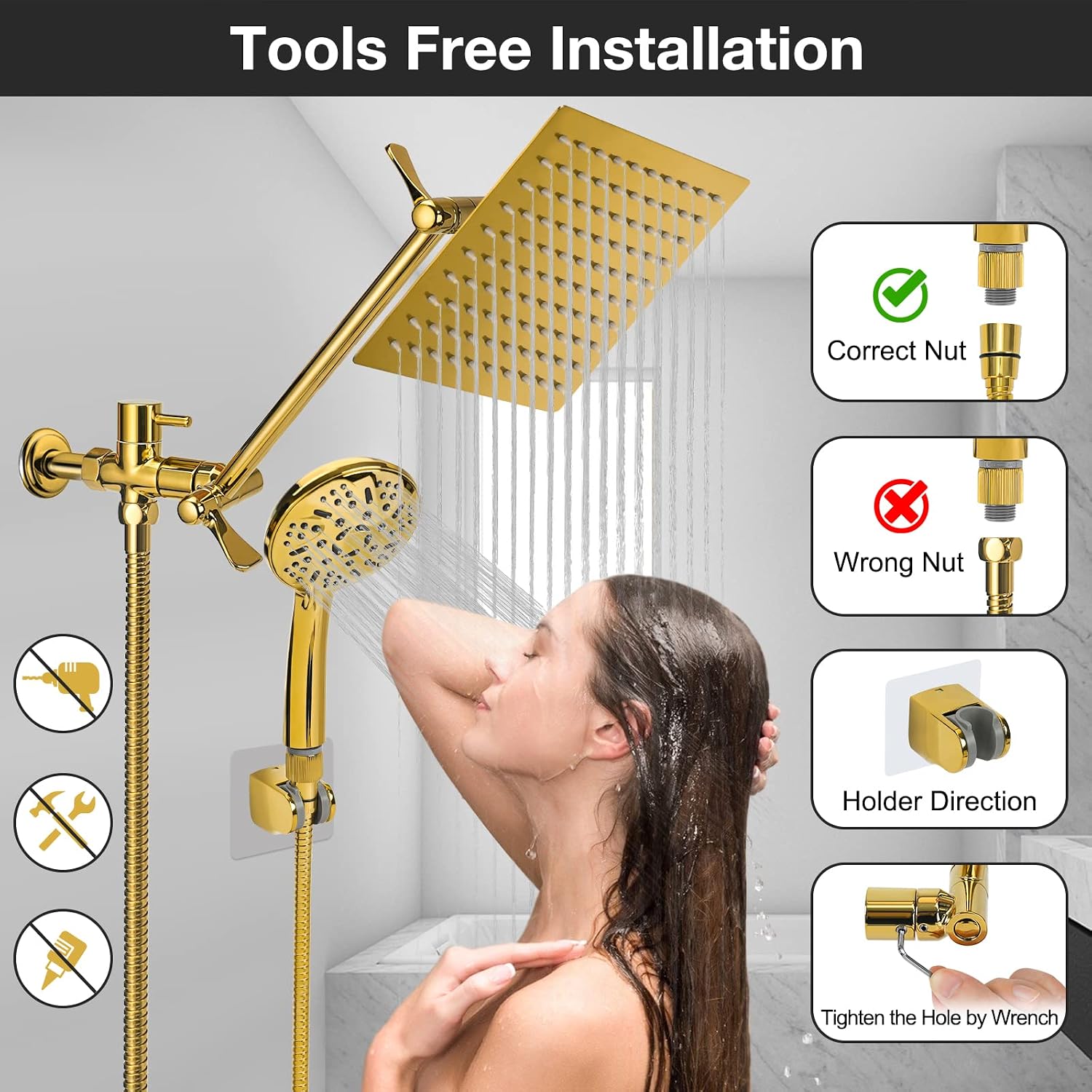 Rain Shower Head with Handheld Spray, Lanhado 8'' Gold Shower Head with 11'' Extension Arm, 9 Setting Handheld Shower Heads, Anti-leak High Pressure Rainfall Shower Head with Hose/Holder, Chrome