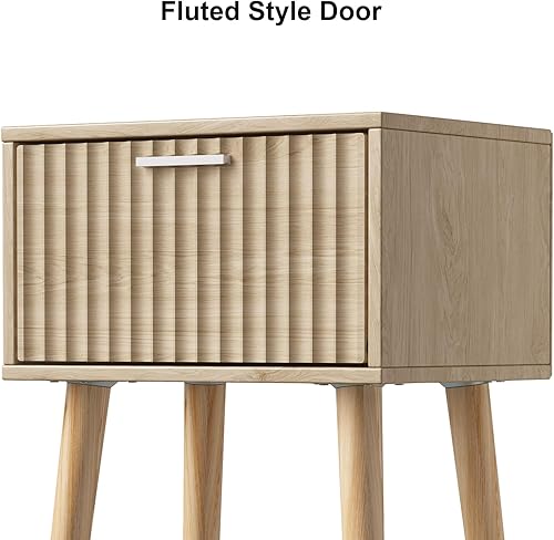 Miniatura 6 de LAATOOREE Juego de 2 mesitas de noche, mesa auxiliar pequeña, mesita de noche con puerta acanalada, pies de madera maciza mesa auxiliar moderna de