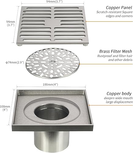 Vista 2 de PHASAT Desagüe de piso de latón contemporáneo cuadrado de 4 pulgadas, con colador extraíble, níquel cepillado, 80601N