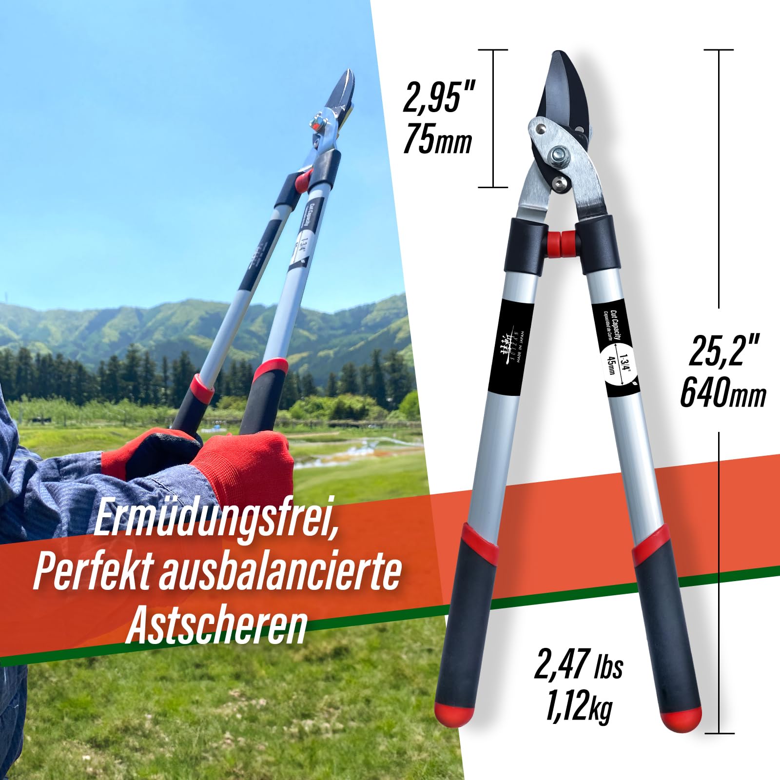 SUIZAN Bypass Astschere 640mm - Japanische Baumschneider Baumschere | Professioneller Astschneider frisches Holz sauberer Schnitt grüne Äste Obstbäume Sträucher Gartenwerkzeug leicht kompakt