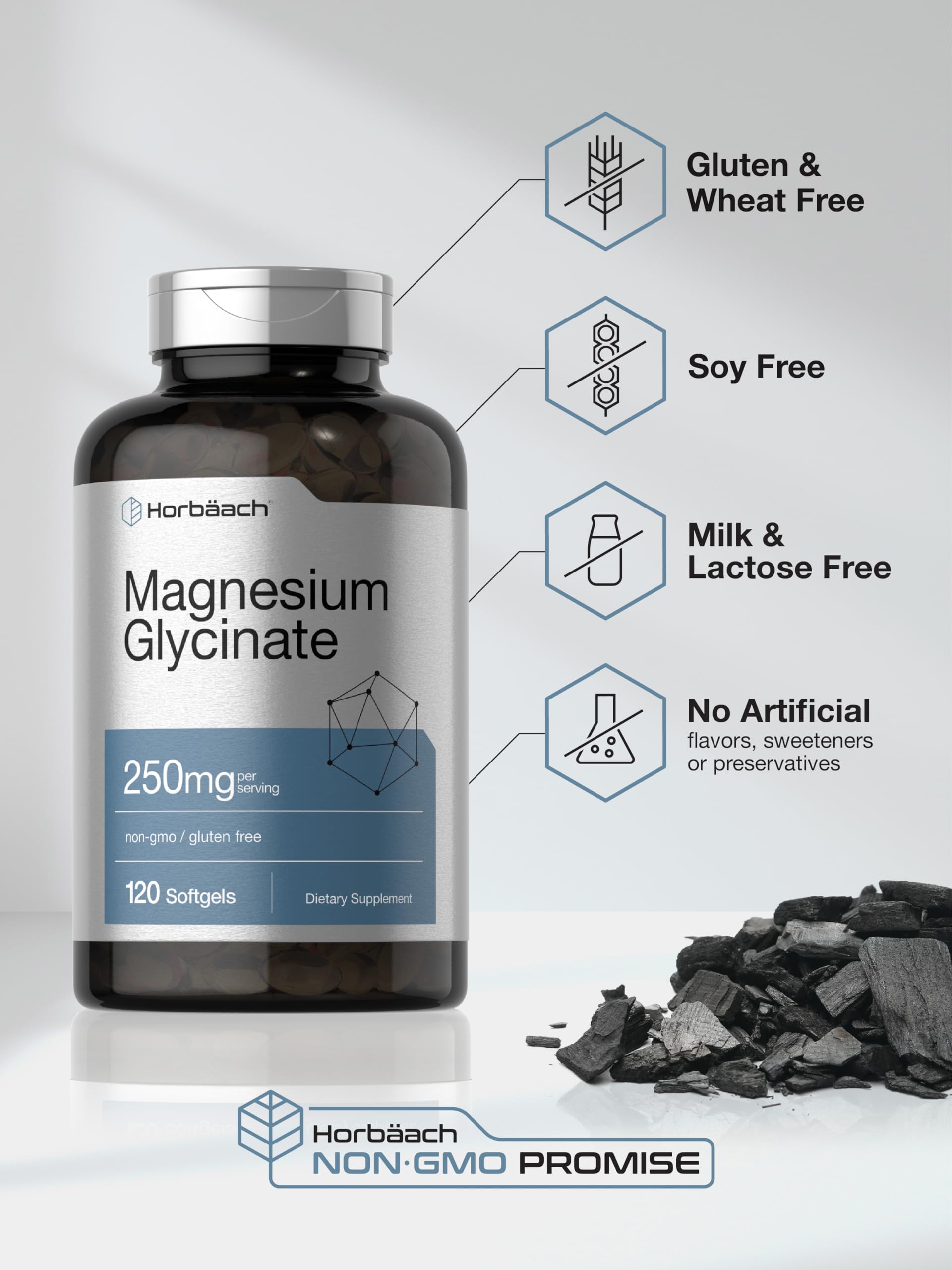 Horbäach Magnesium Glycinate | 250mg | 120 Softgels | Non-GMO and Gluten Free Supplement
