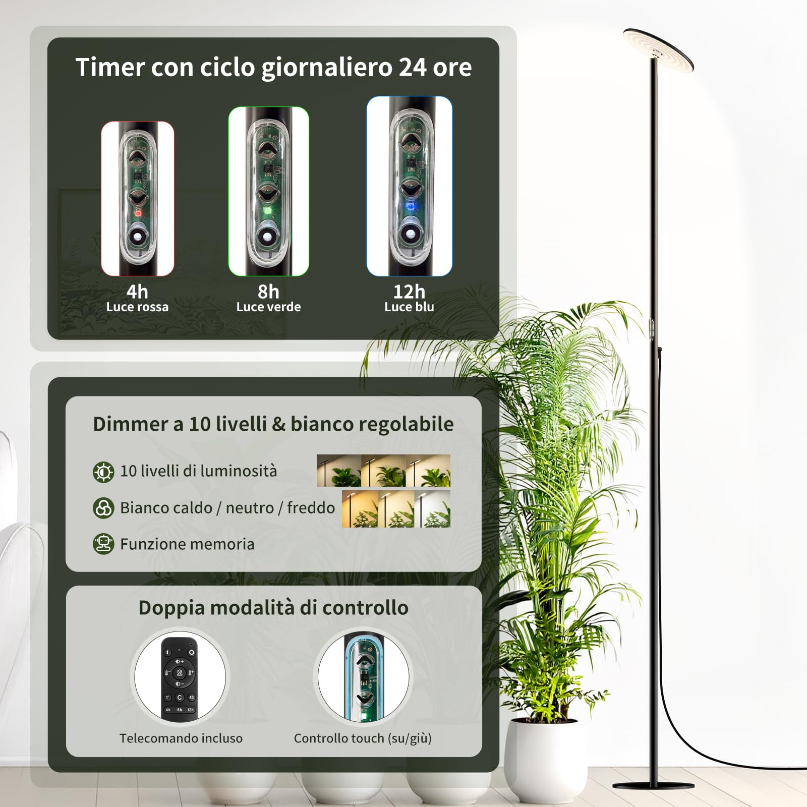 Lampada per Piante da Interno LED 60W a Spettro Completo, Luce per Piante Regolabile 56–216 cm, 10 Temperature 2300K–6500K, Timer 4/8/12H, Dimmerabile, Telecomando
