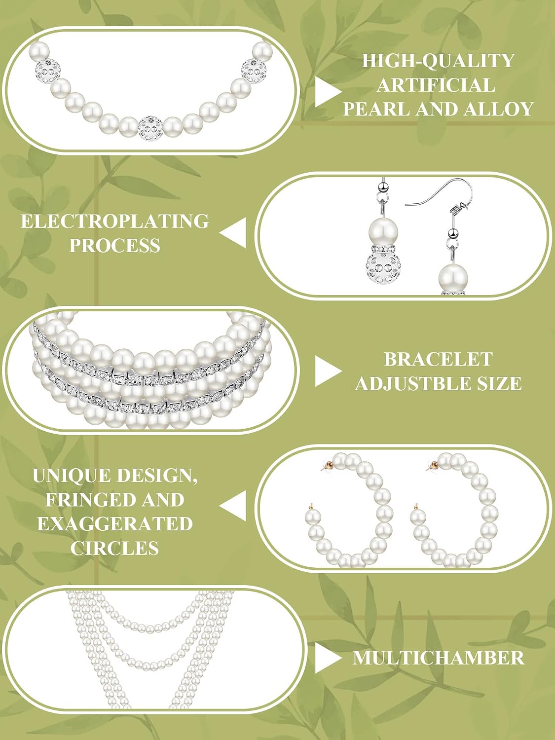BBTO 8 Pcs Pearl Necklace Earrings Set Gift for Women Pearl Bracelets Costume Jewelry Set for Wedding Birthday Bridal Shower Party