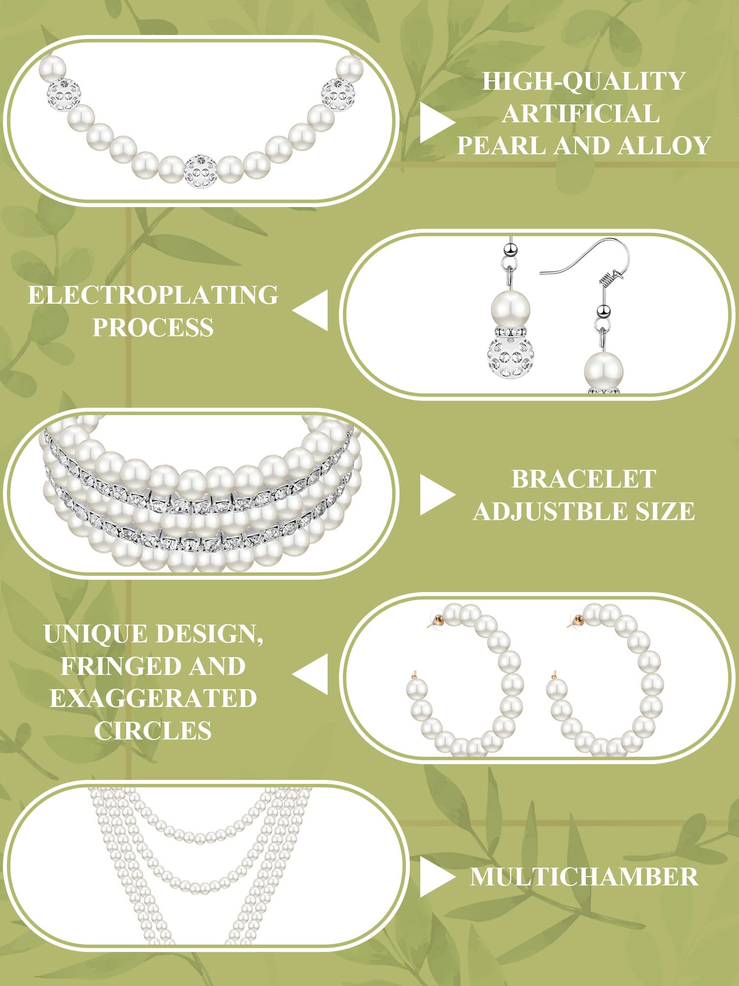 BBTO 8 Pcs Pearl Necklace and Earrings Set for Women Pearl Bracelets Costume Jewelry Set for Wedding Bridal Halloween Party