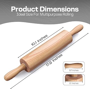 Wooden Rolling Pin 17.6 Inch with Rotating Ergonomic Handles Classic Beech Wood Dough Roller for Baking Pizza, Pastry, Bread, and Cookies