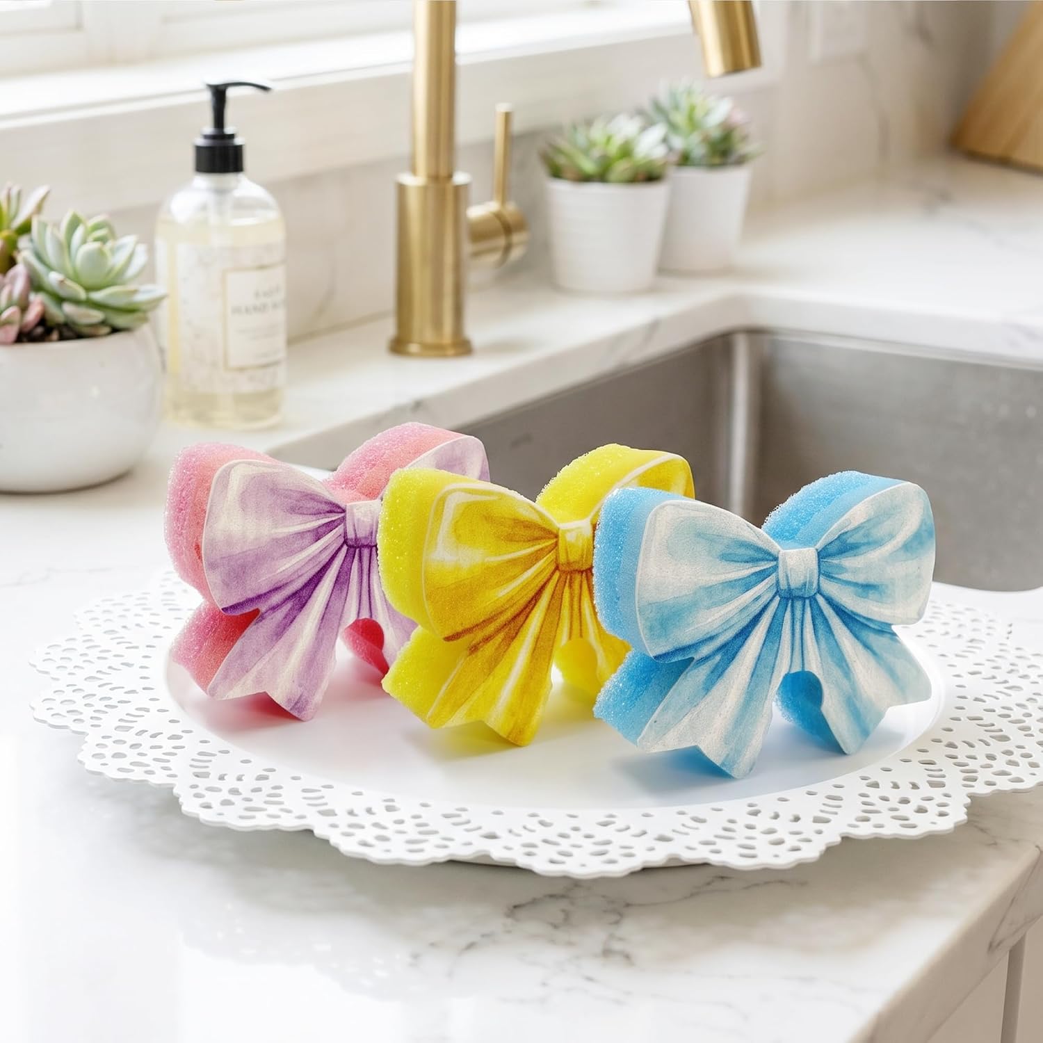 Bulimumu 6 Pack Bow Kitchen Sponges, The Complete Collection (All 6 Colors), 3-Layer German Cellulose & Temperature Sensitive Scrubbie, Faucet Mountable Decorative Dish Scrubber