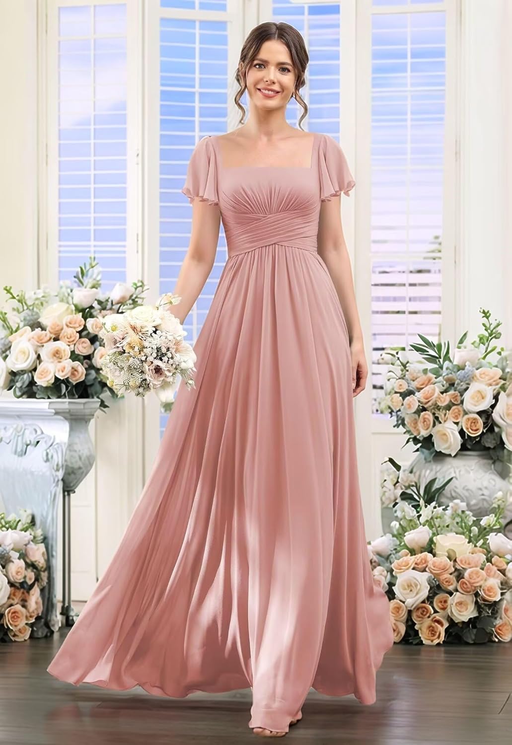 Monlity Square Neck Bridesmaid Dresses with Pockets Long Ruffle Sleeves Pleated A Line Chiffon Formal Evening Dress