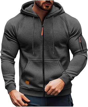 Full Zip Up Hoodie Men Drawstring Hooded Fleece Jacket Casual Long Sleeve Pullover Sweatshirts with Zip Pockets