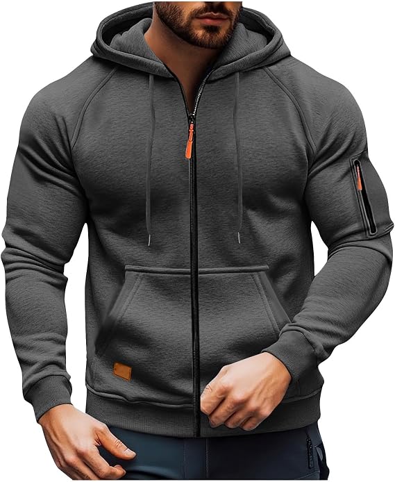 Full Zip Up Hoodie Men Drawstring Hooded Fleece Jacket Casual Long Sleeve Pullover Sweatshirts with Zip Pockets