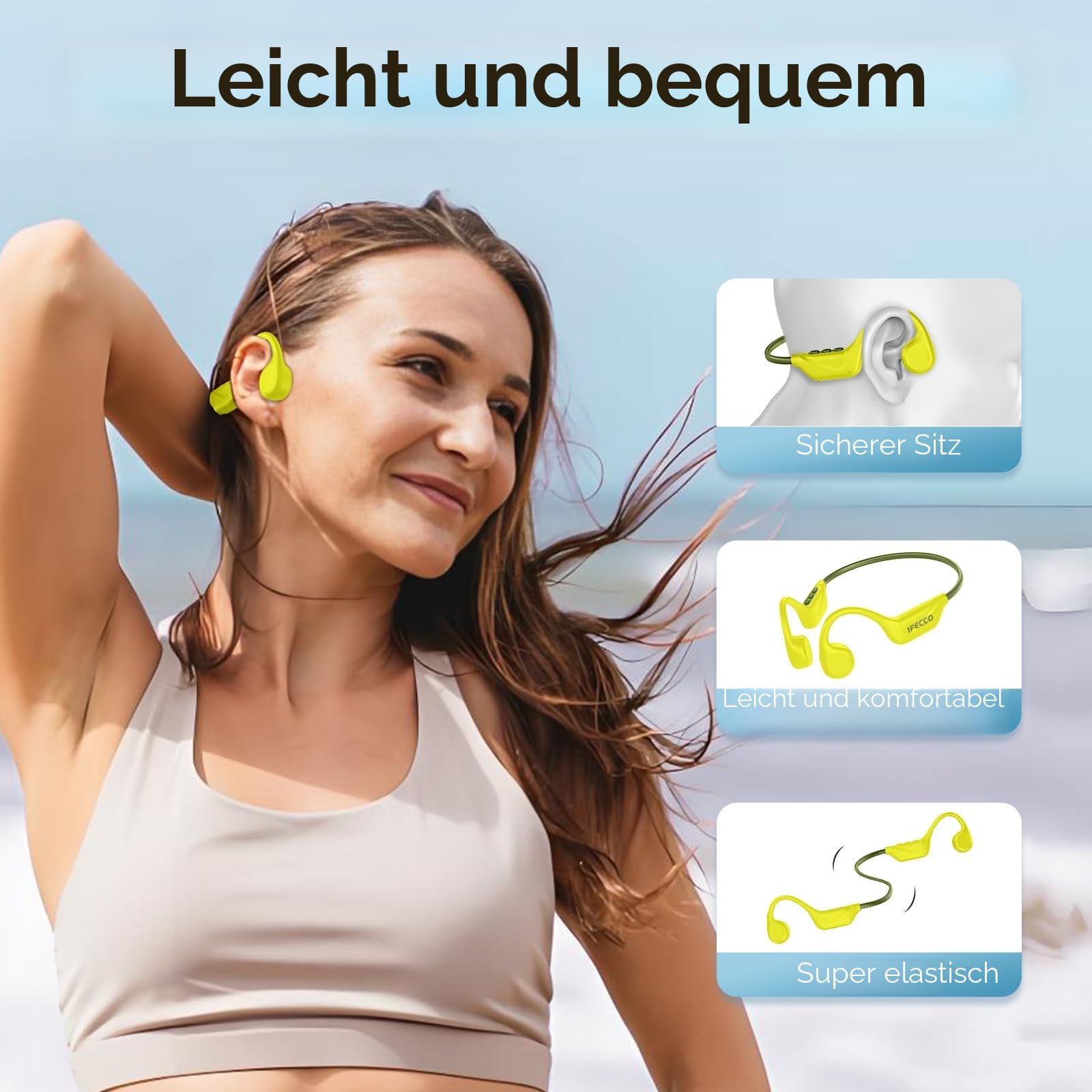 IFECCO Knochenschall Kopfhörer - Bone Conduction Headphones Bluetooth 5.4,IPX5 wasserdichte Knochenschall Headset mit Mikrofon,Sport Kopfhörer für Läufer Radfahren Fahrrad