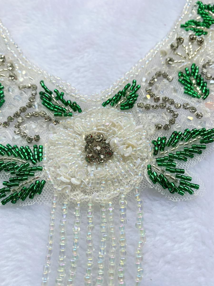 Pure Handmade Sewing Crystal DIY Applique Patches Accessory Rhinestone Fringe Chest Beaded for Wedding Party Clothes Decoration Bridal Dress Accessories 11.8X12.5in (Silver)