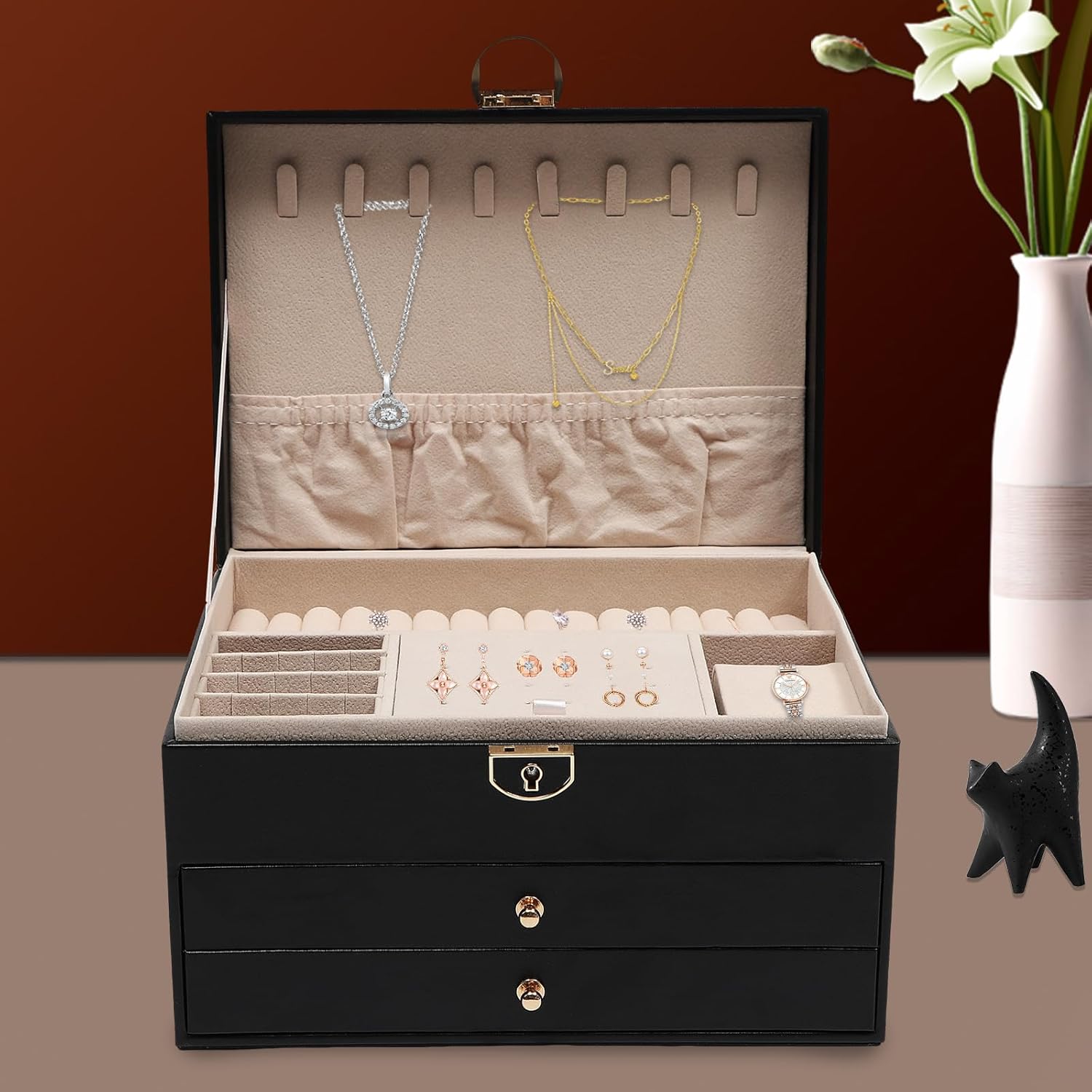 Vintage Jewelry Box Fit Women, Necklace Organizer Box, Wooden Display Case For Storage Jewellery (3-Tier，Black)