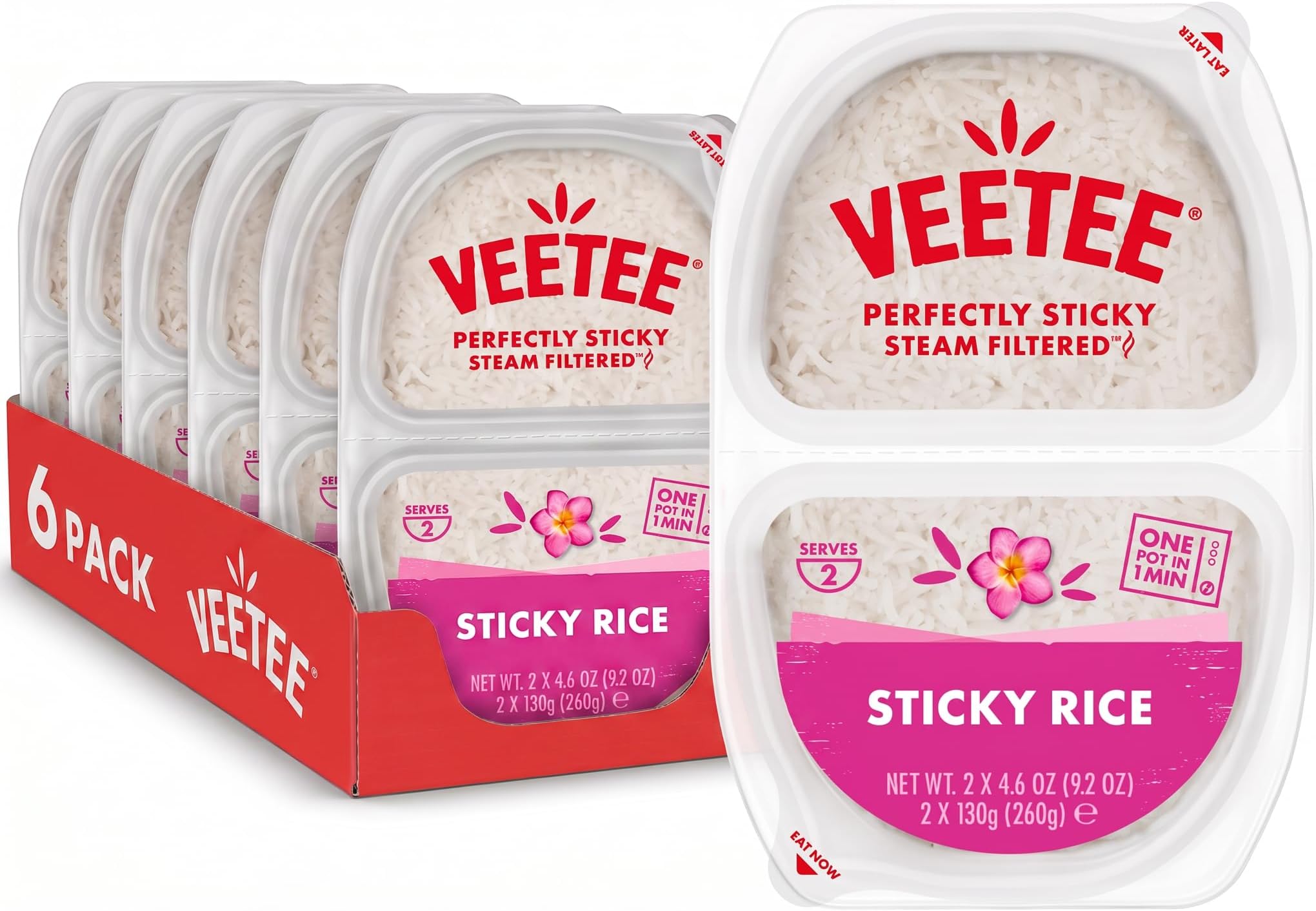 Veetee Heat & Eat Sticky Rice Microwave Rice Pots, 6 x 260g