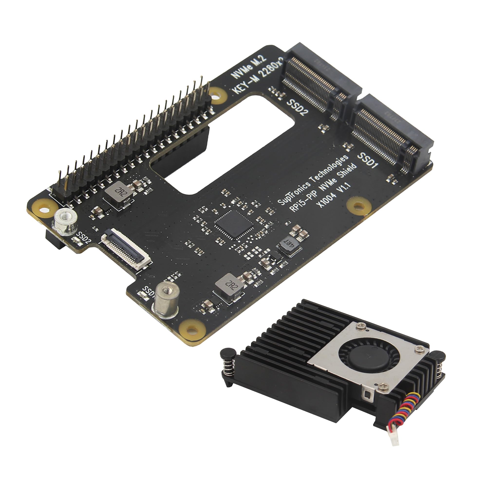 Geekworm X1004 PCIe to Dual M2 NVMe SSD 2280 Shield with H505 Active Cooler for Raspberry Pi 5