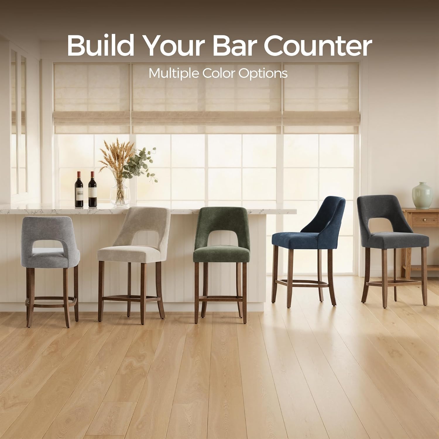 UVV Bar Stools Set of 2, Upholstered Counter Height Bar Stools, Modern Counter Stools with Wood Legs for Kitchen Island Dining Room Bar, Green