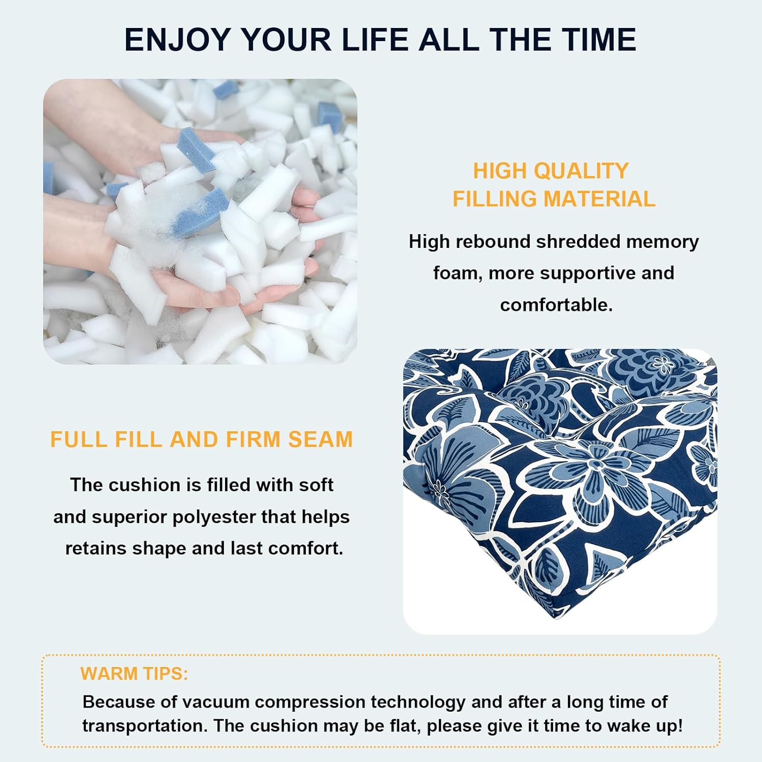 DYTXIII Set of 2 Outdoor Chair Cushions 19"x19"x4", Water Repellent Tufted Patio Seat Cushions with Ties, Thick Replacement Pads for Wicker Dining Chairs, Patio Furniture, Flower Navy