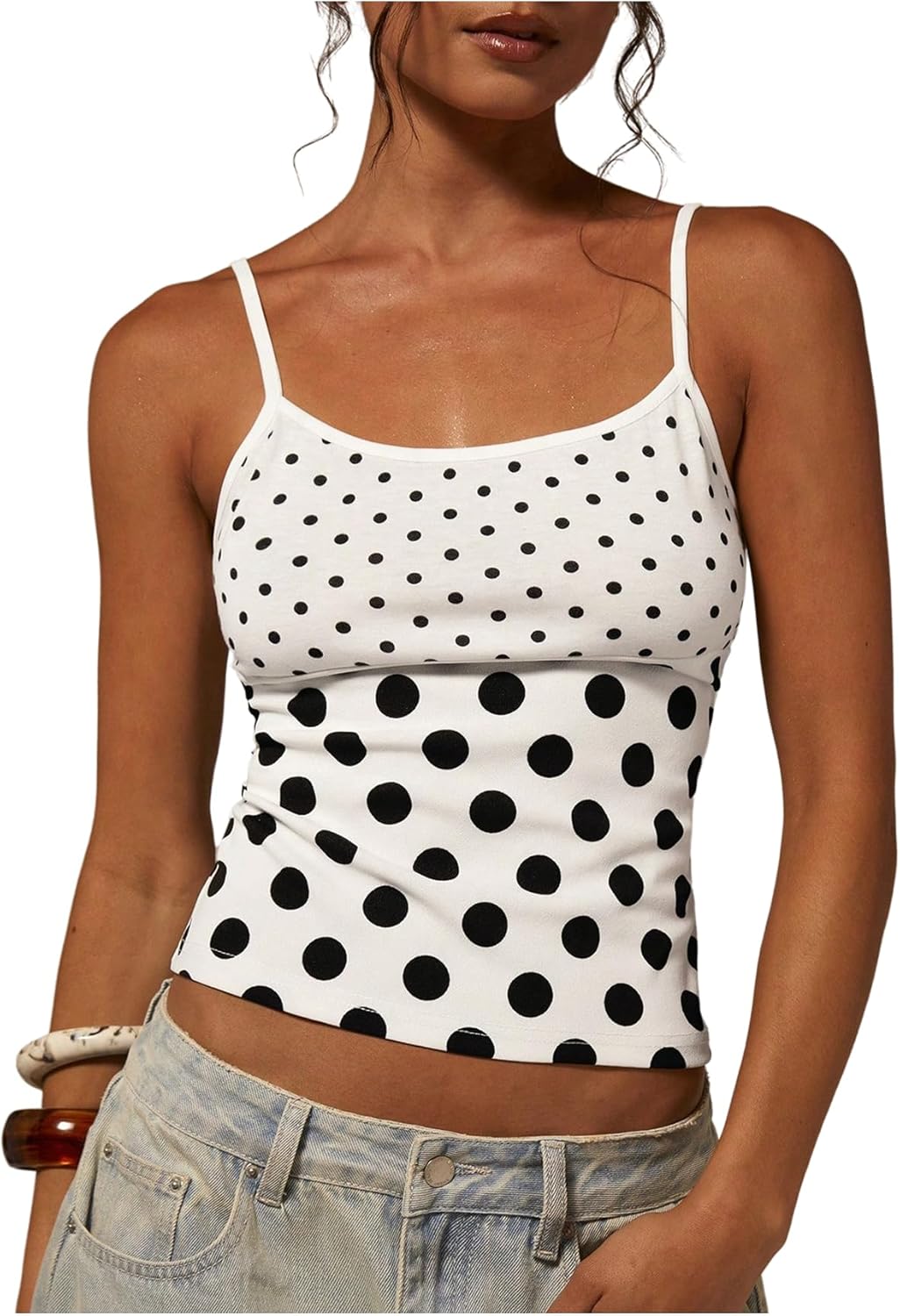 MakeMeChic Women's Polka Dots Tank Top Scoop Neck Sleeveless Y2k Crop Camisole Tops