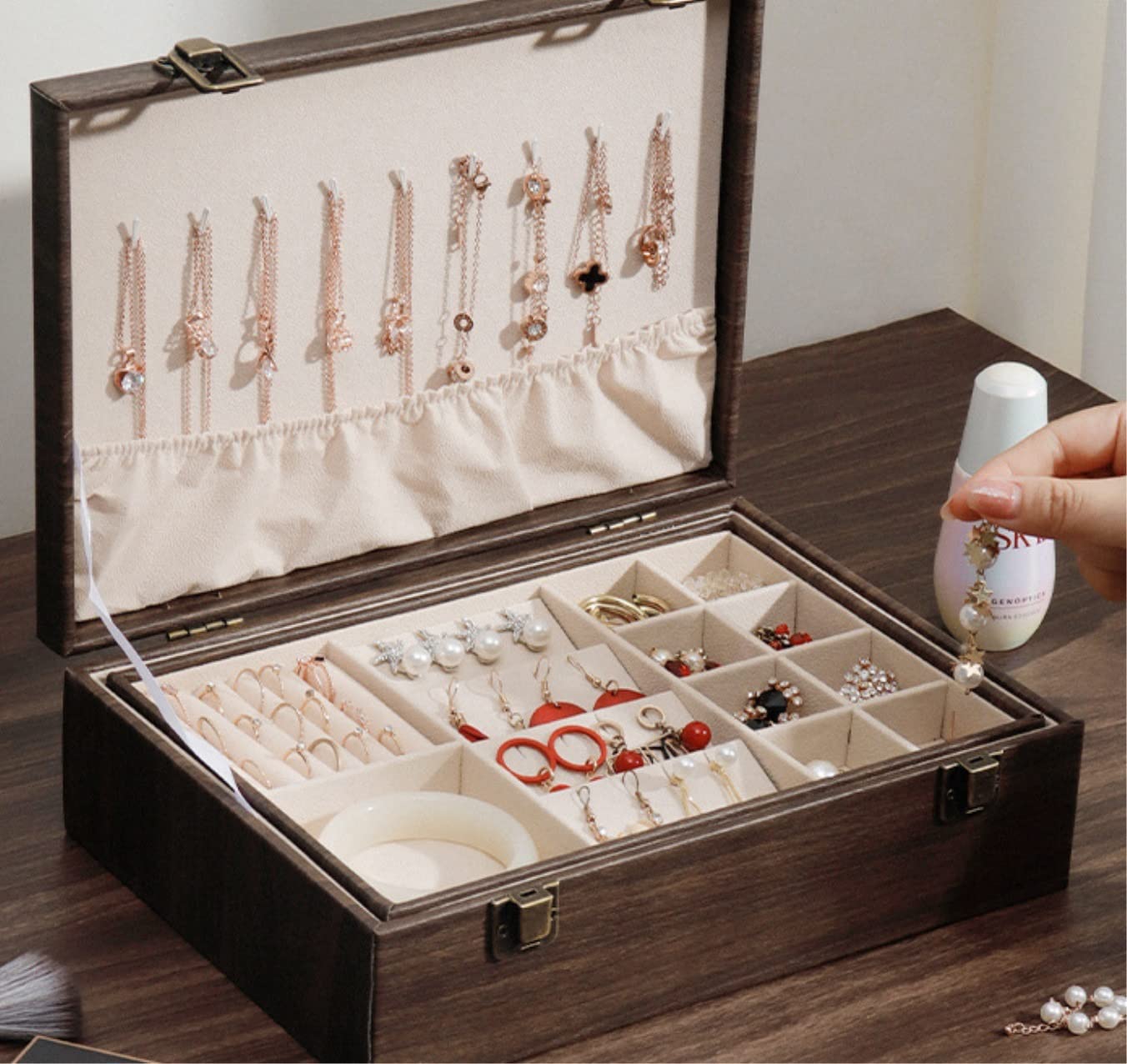 YCTTKDD Joyero Expositor Joyero Joyero con Espejo Organizador de Joyas Estuche de joyería para Mujer Pendientes Almacenamiento de PU Organizador de Joyas para niñas