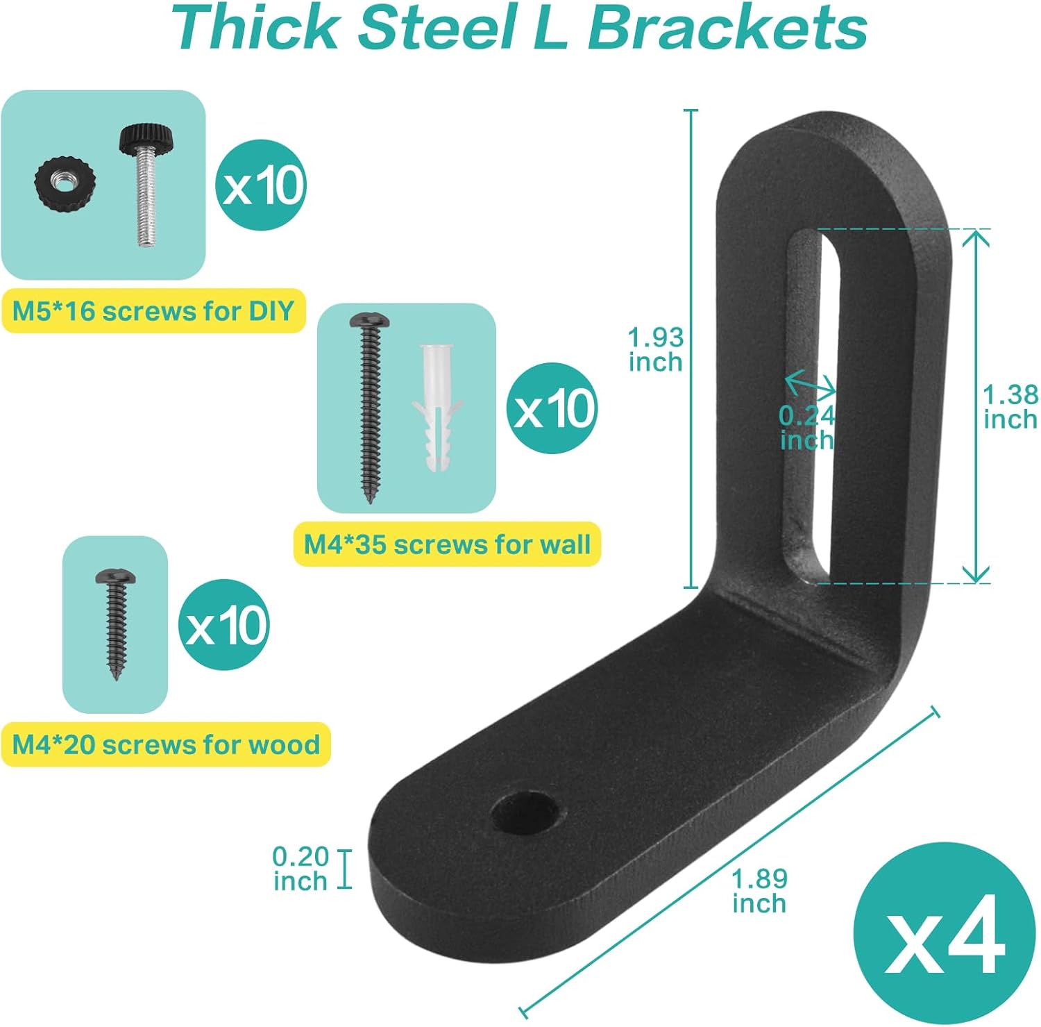 Small L Shelf Brackets - 4 Pack DIY Hardware Heavy Duty Angle Iron Supports Adjustable Elongated Slot High Load 60LB Braces with Screw Set for Wood Floating Shelves Racks Desk Dividers