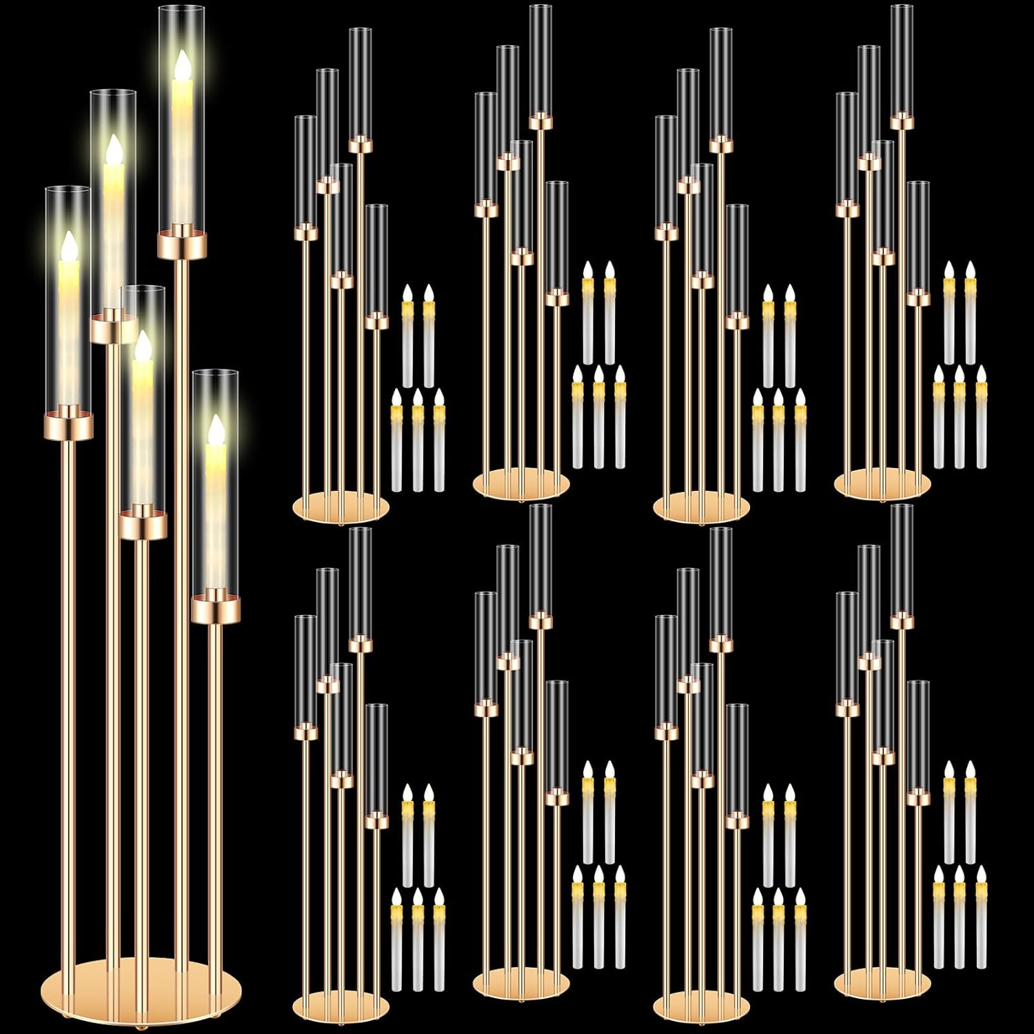 Tandefio 8 Sets Acrylic Candelabra Centerpieces 42.5" Tall Clear Candle Holders Pillar Taper Candlestick with Lampshades 5 Arm Floor Candelabra Stand for Wedding Christmas Ceremony Dinner Party