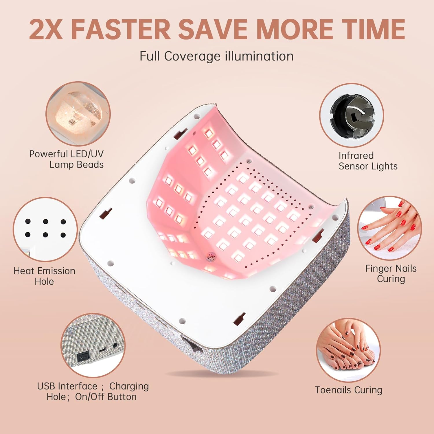 UV Nail Lamp 96W Rechargeable Gel Curing Lamp, Cordless Nail Dryer Gel Polish Light with Large LCD Display, with 3 Timer Setting Auto Sensor for Salon and Home (AB Diamond)